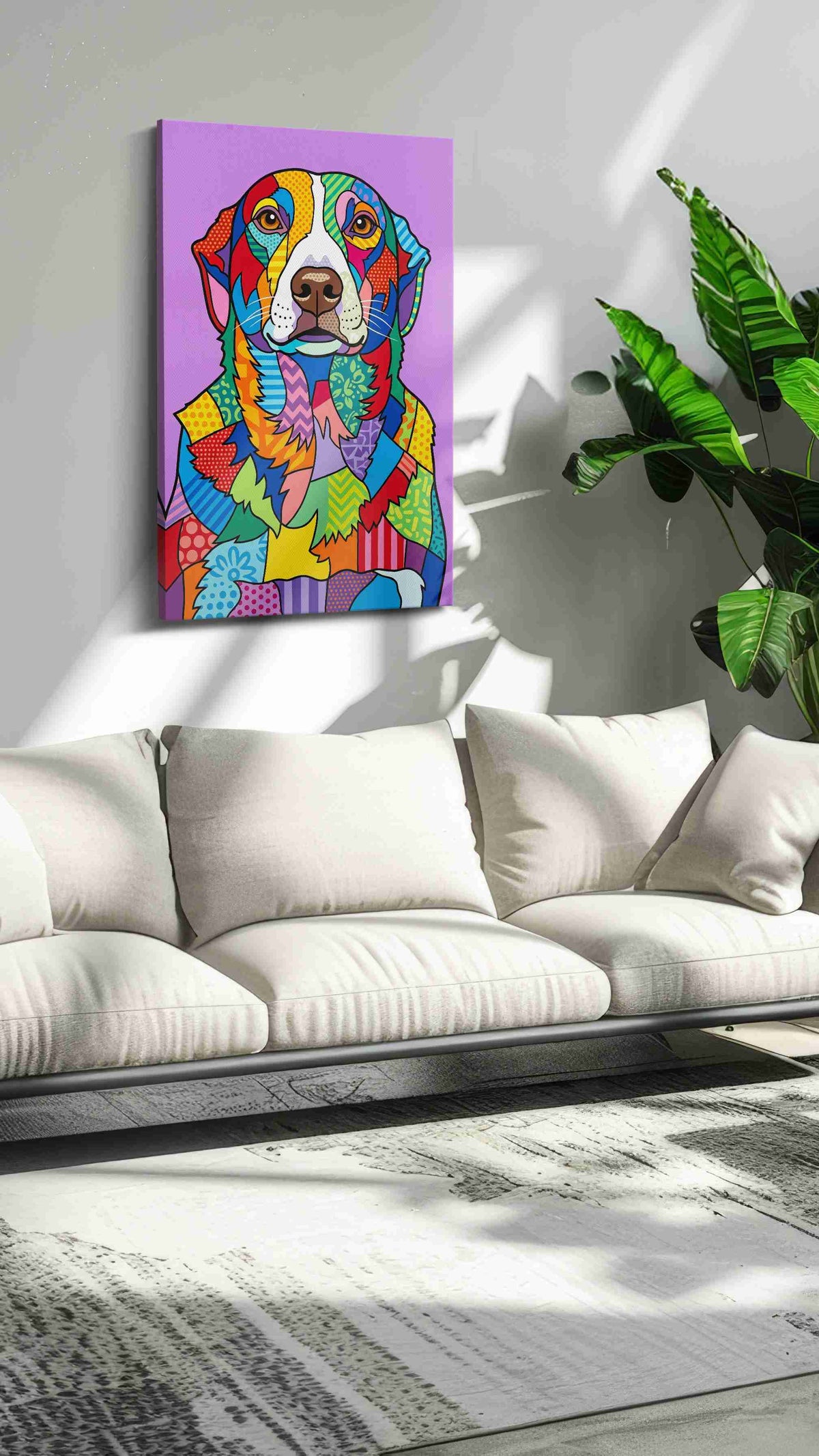 Vibrant Canine Kaleidoscope dogs canvas print, hanging on wall