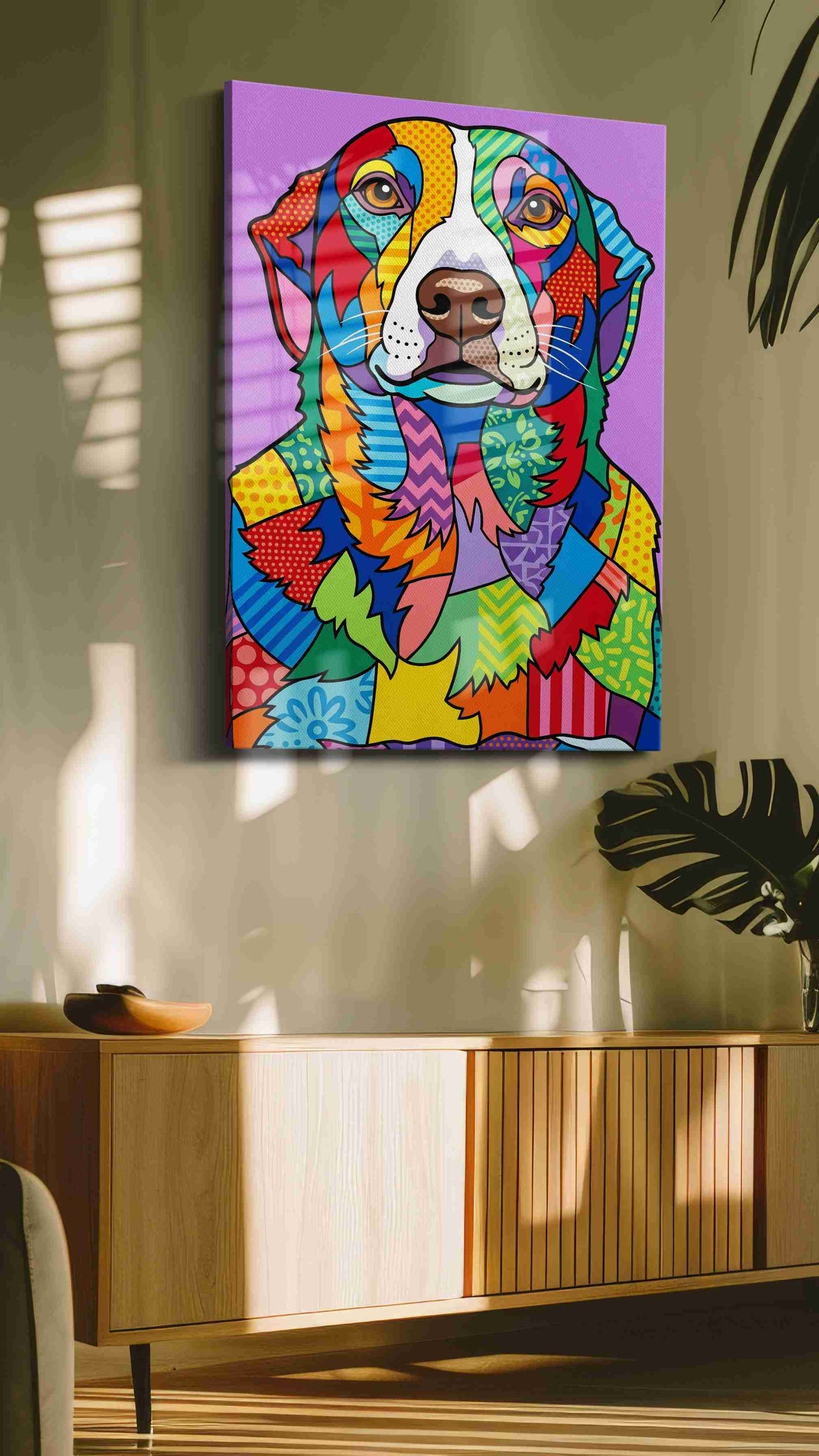 Vibrant Canine Kaleidoscope dogs canvas print in a hung canvas mockup