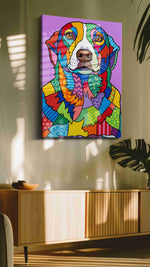 Vibrant Canine Kaleidoscope dogs canvas print in a hung canvas mockup