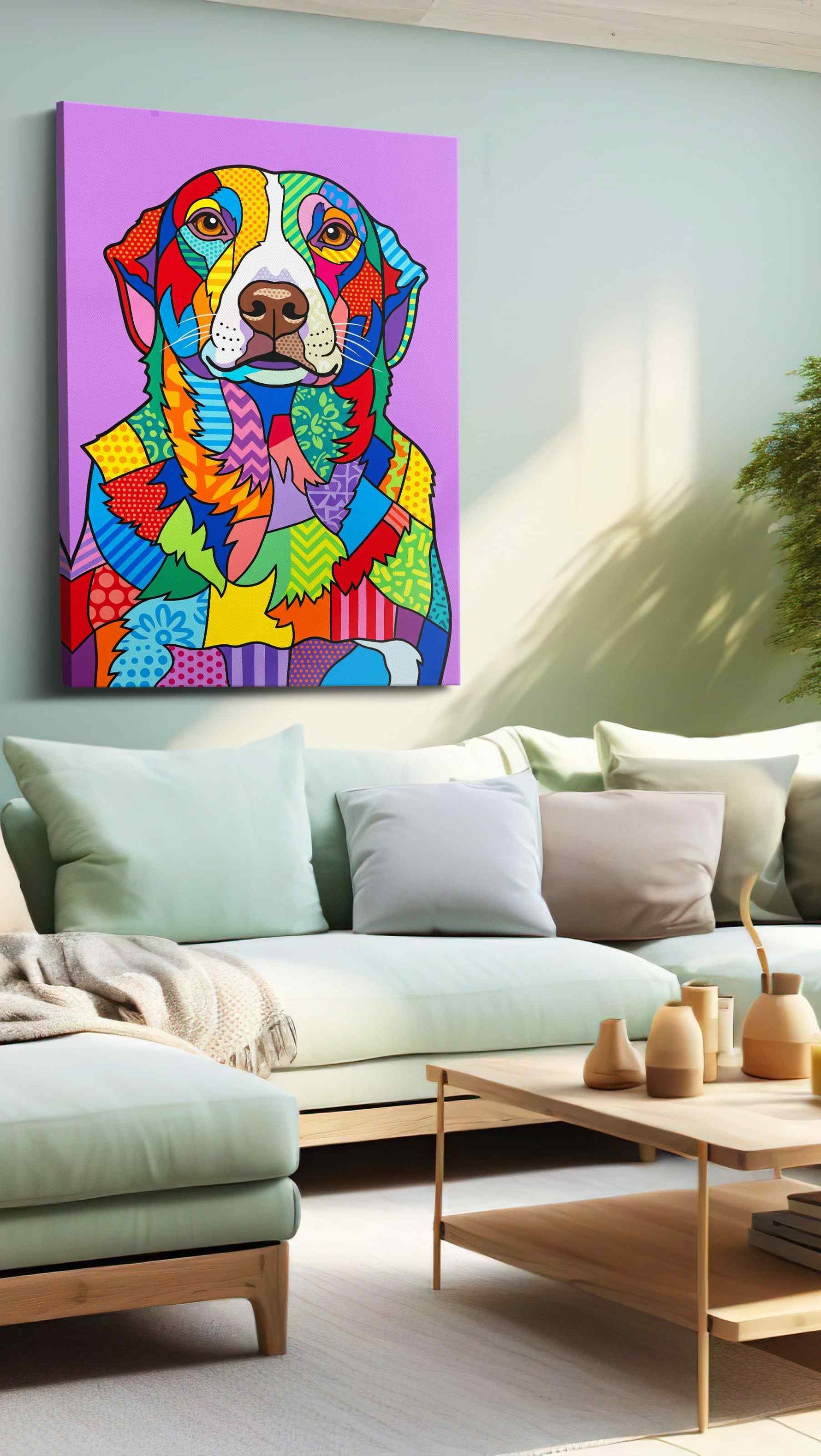 Vibrant Canine Kaleidoscope dogs canvas print shown in a wall scene
