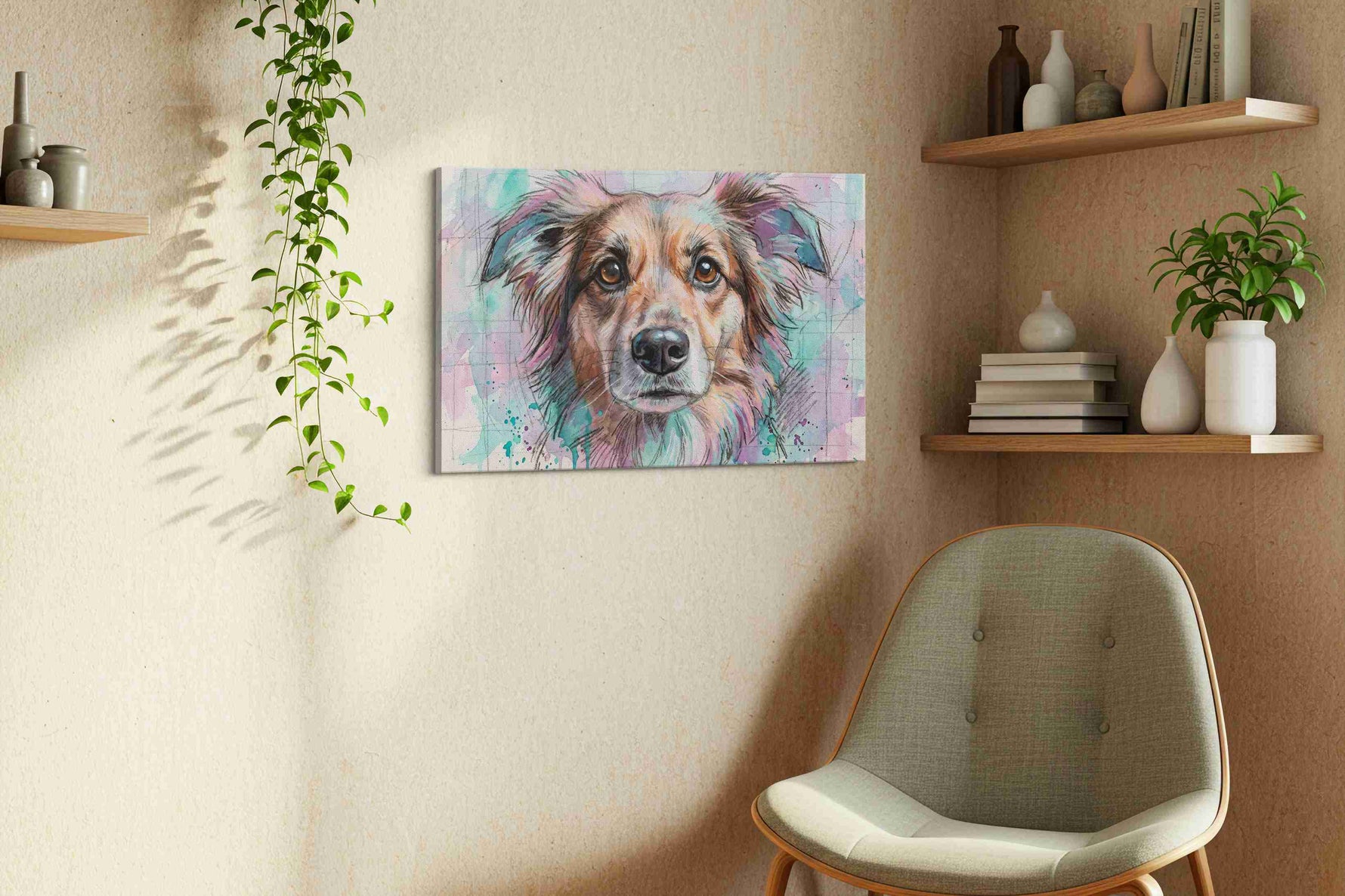 Whimsical Canine Gaze dogs canvas print, displayed in a living room