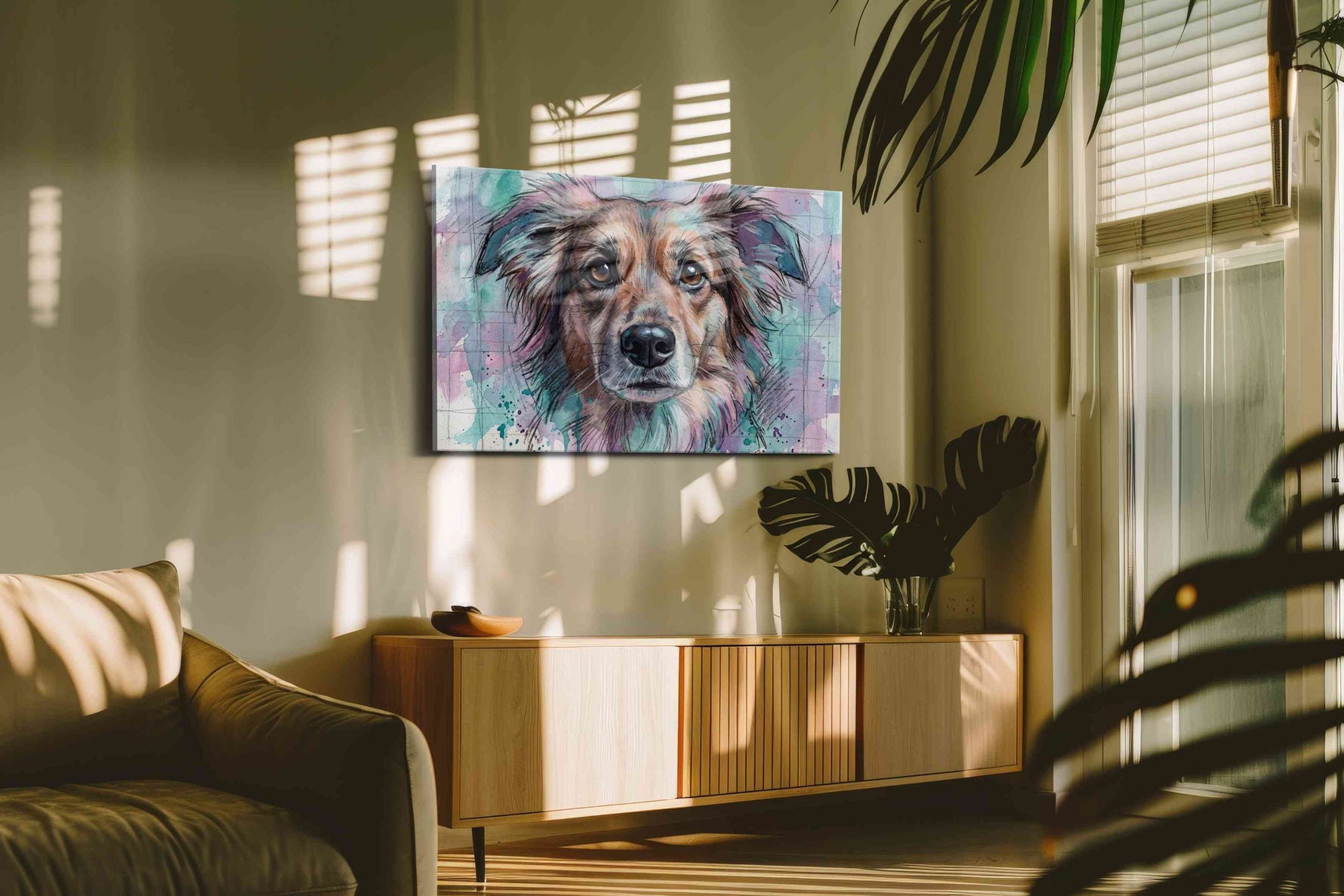 Whimsical Canine Gaze dogs canvas print, on wall, lifestyle preview