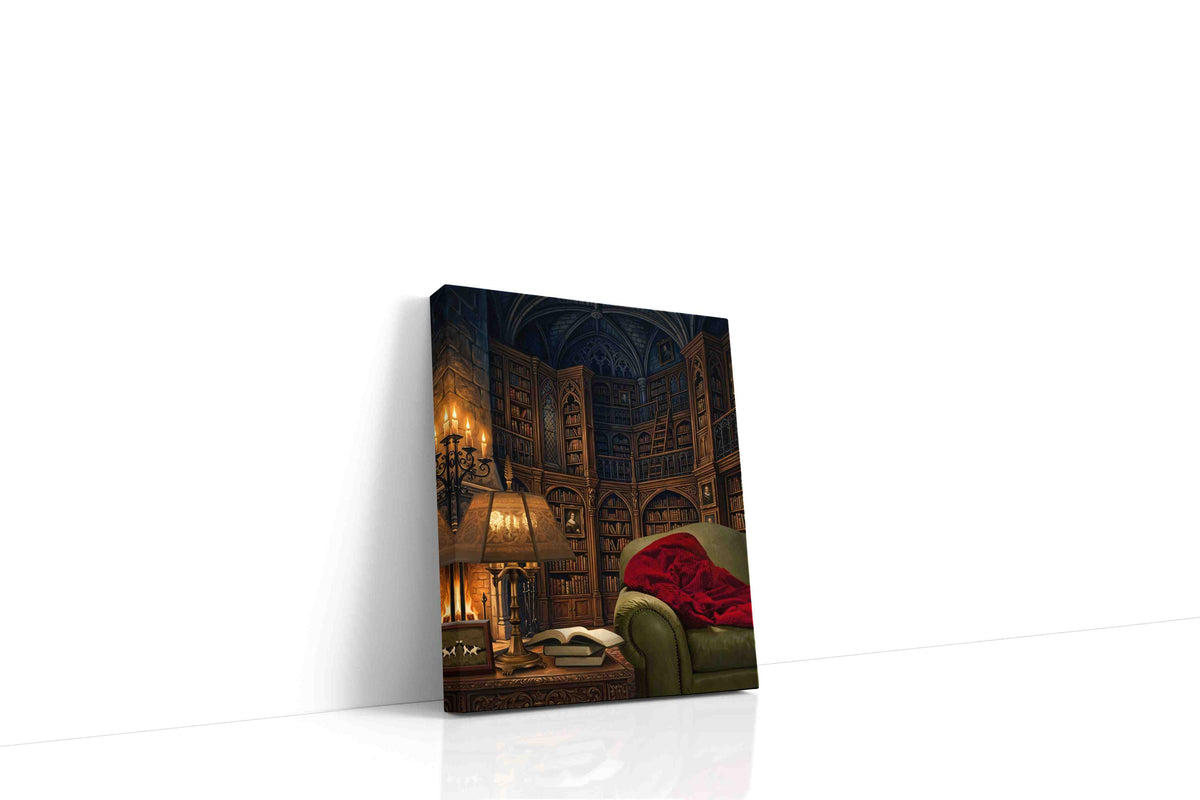 Enchanted Library Retreat darkacademia canvas print, gallery-wrapped, ready to hang