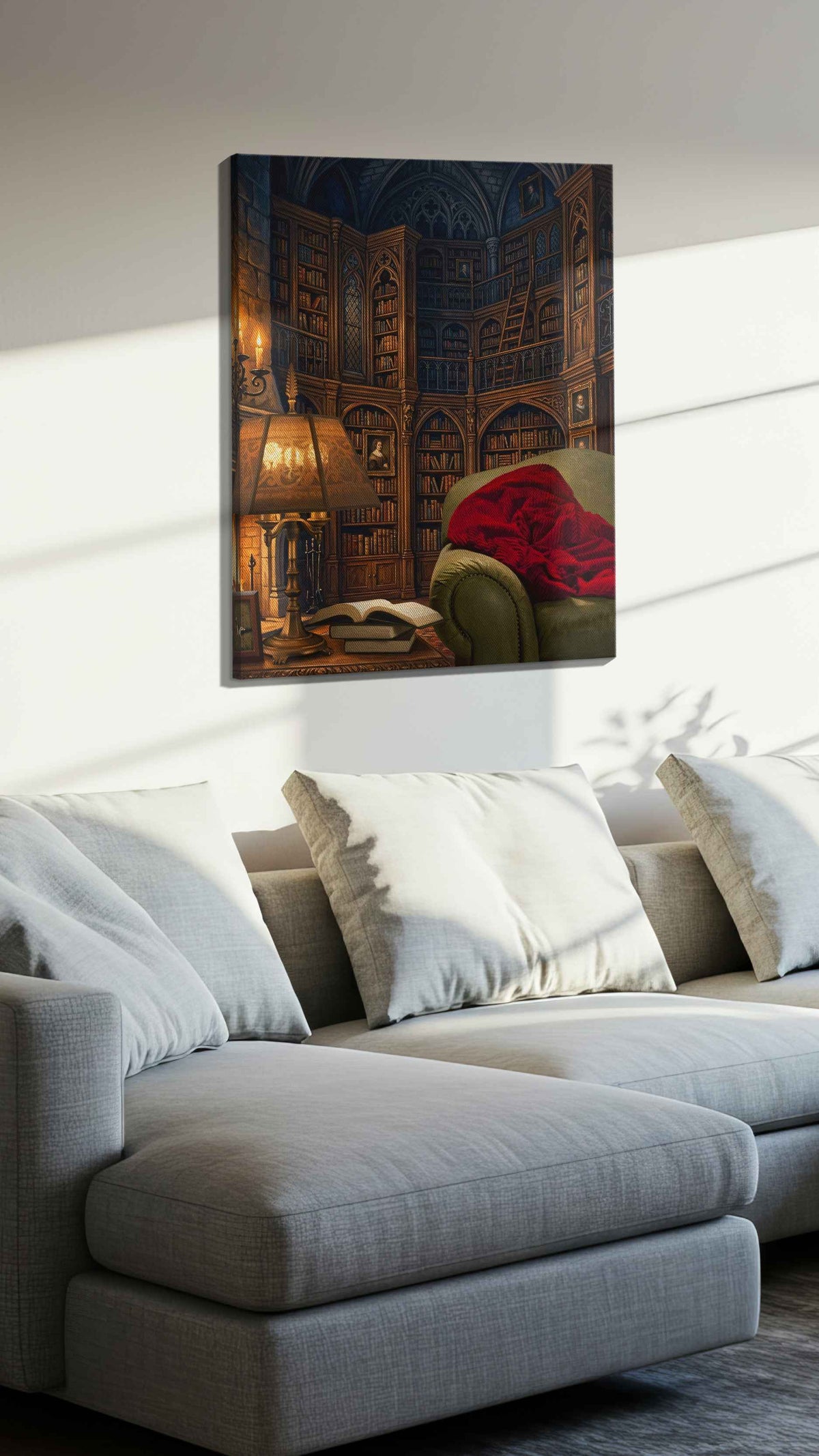 Enchanted Library Retreat darkacademia canvas print, displayed in a living room