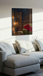 Enchanted Library Retreat darkacademia canvas print, displayed in a living room