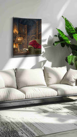 Enchanted Library Retreat darkacademia canvas print in a hung canvas mockup
