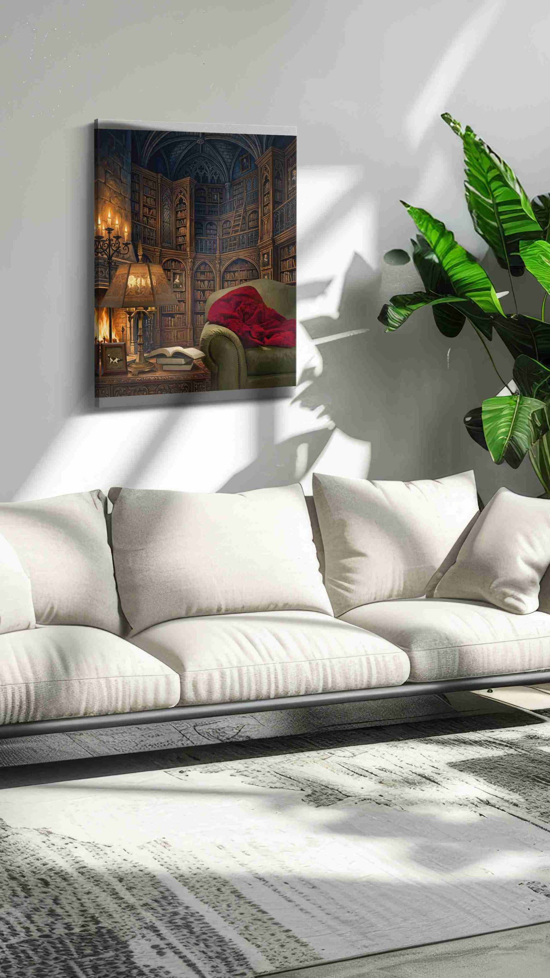 Enchanted Library Retreat darkacademia canvas print in a hung canvas mockup