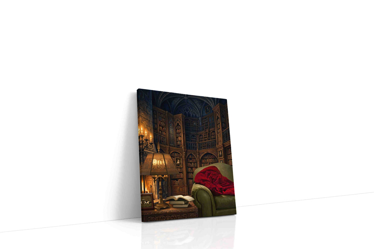 Enchanted Library Retreat darkacademia canvas print gallery-wrapped portrait canvas studio shot