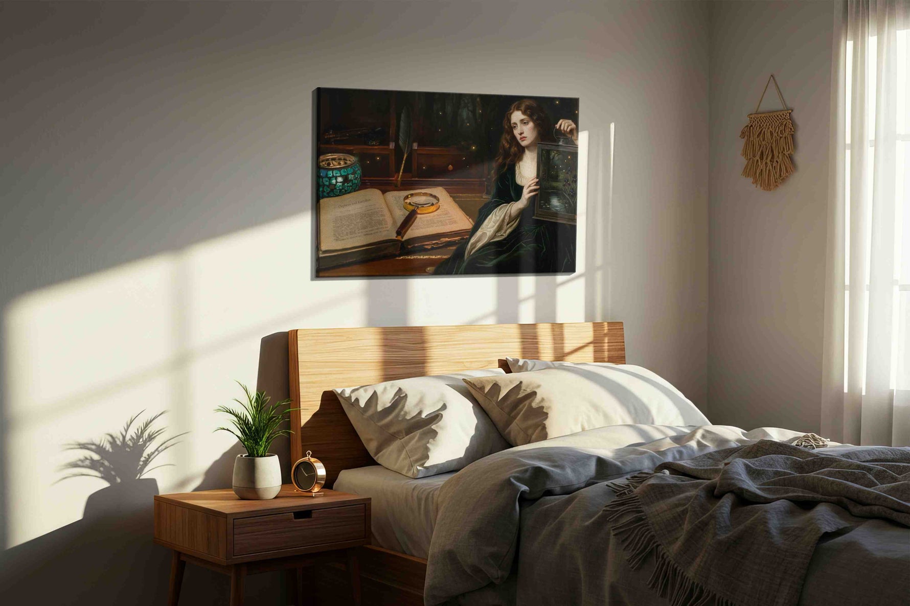 Enigma of the Midnight Forest darkacademia canvas print, displayed in a bedroom