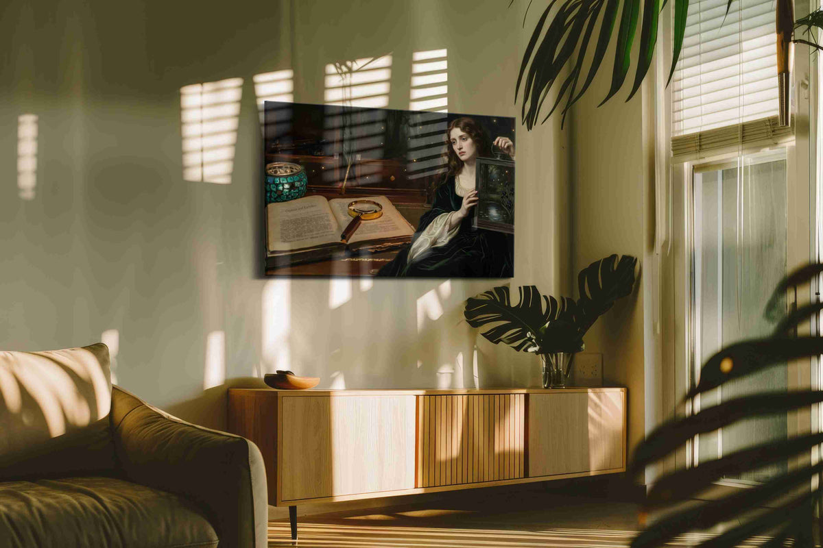 Enigma of the Midnight Forest darkacademia canvas print, hanging on wall