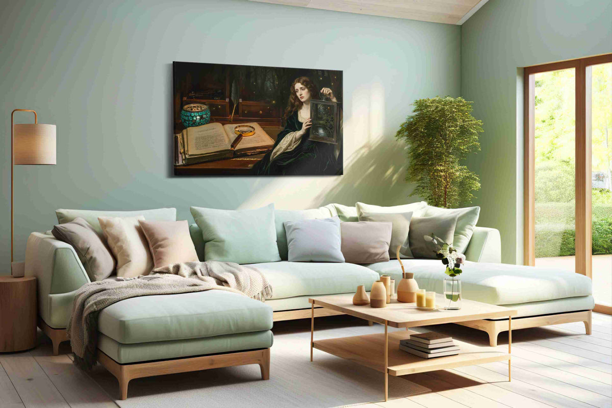 Enigma of the Midnight Forest darkacademia canvas print shown in a wall scene
