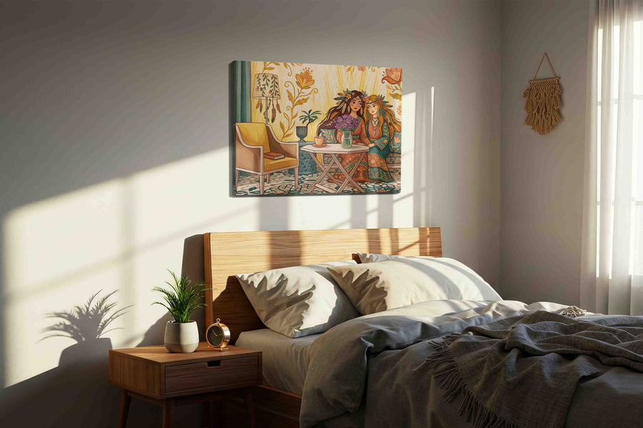 Whimsical Floral Friendship boho canvas print, displayed in a bedroom