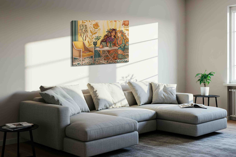 Whimsical Floral Friendship boho canvas print, displayed in a living room