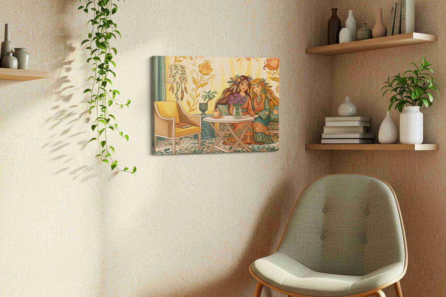 Whimsical Floral Friendship boho canvas print, hanging on wall
