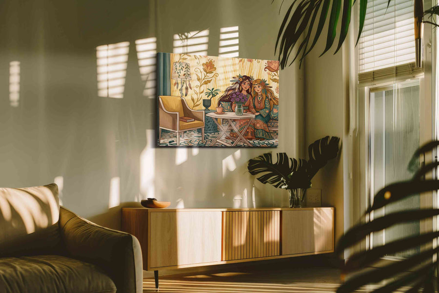 Whimsical Floral Friendship boho canvas print in a hung canvas mockup