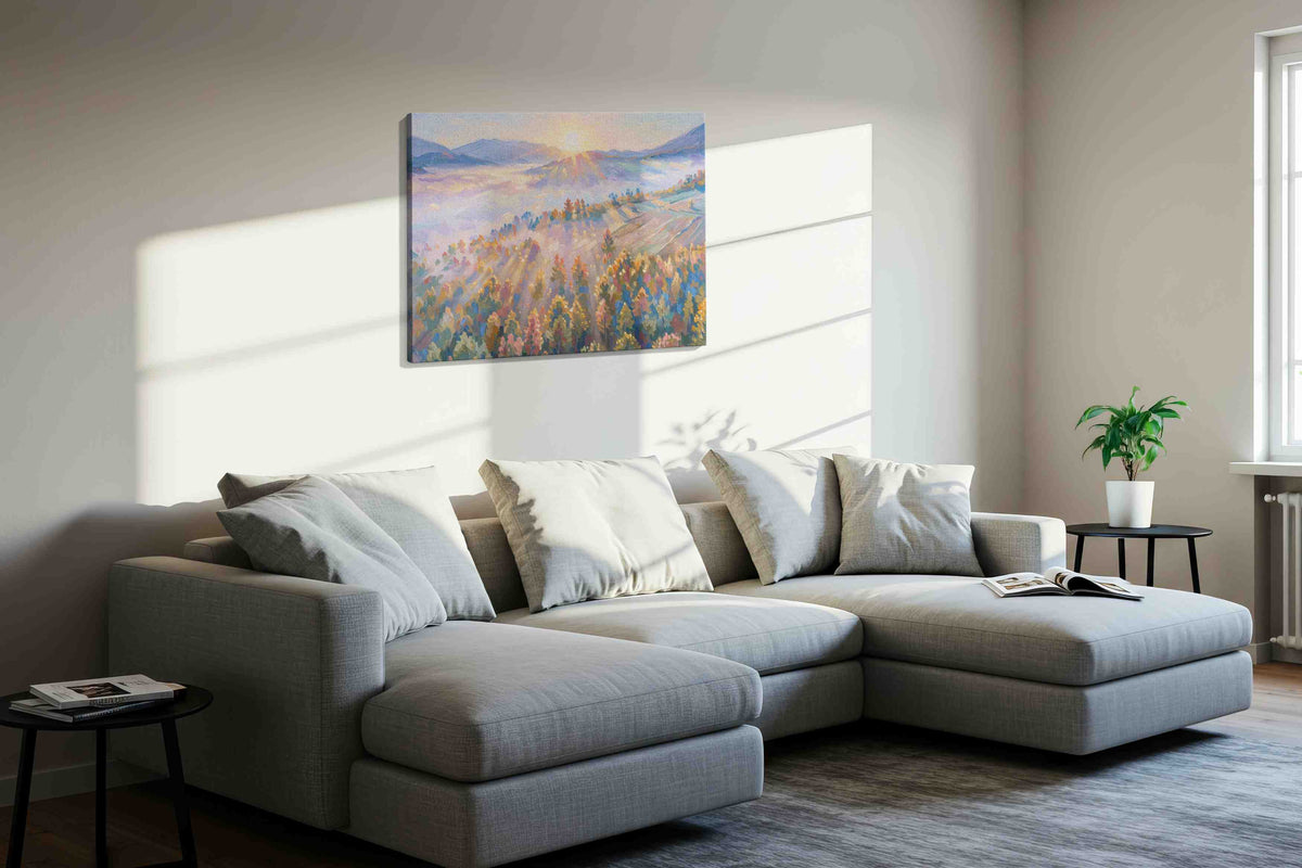 Radiant Morning Symphony nature canvas print, displayed in a living room