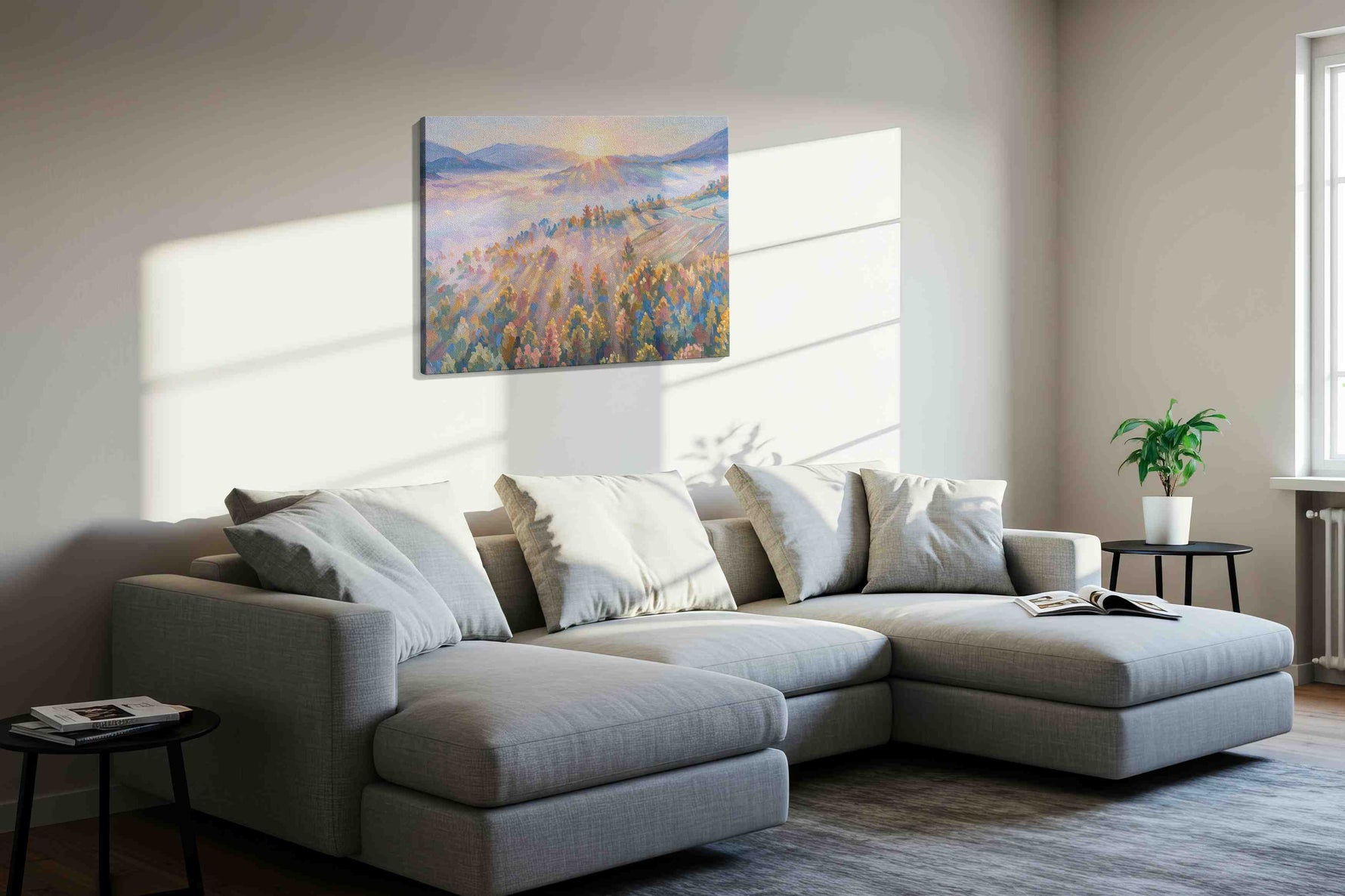 Radiant Morning Symphony nature canvas print, displayed in a living room