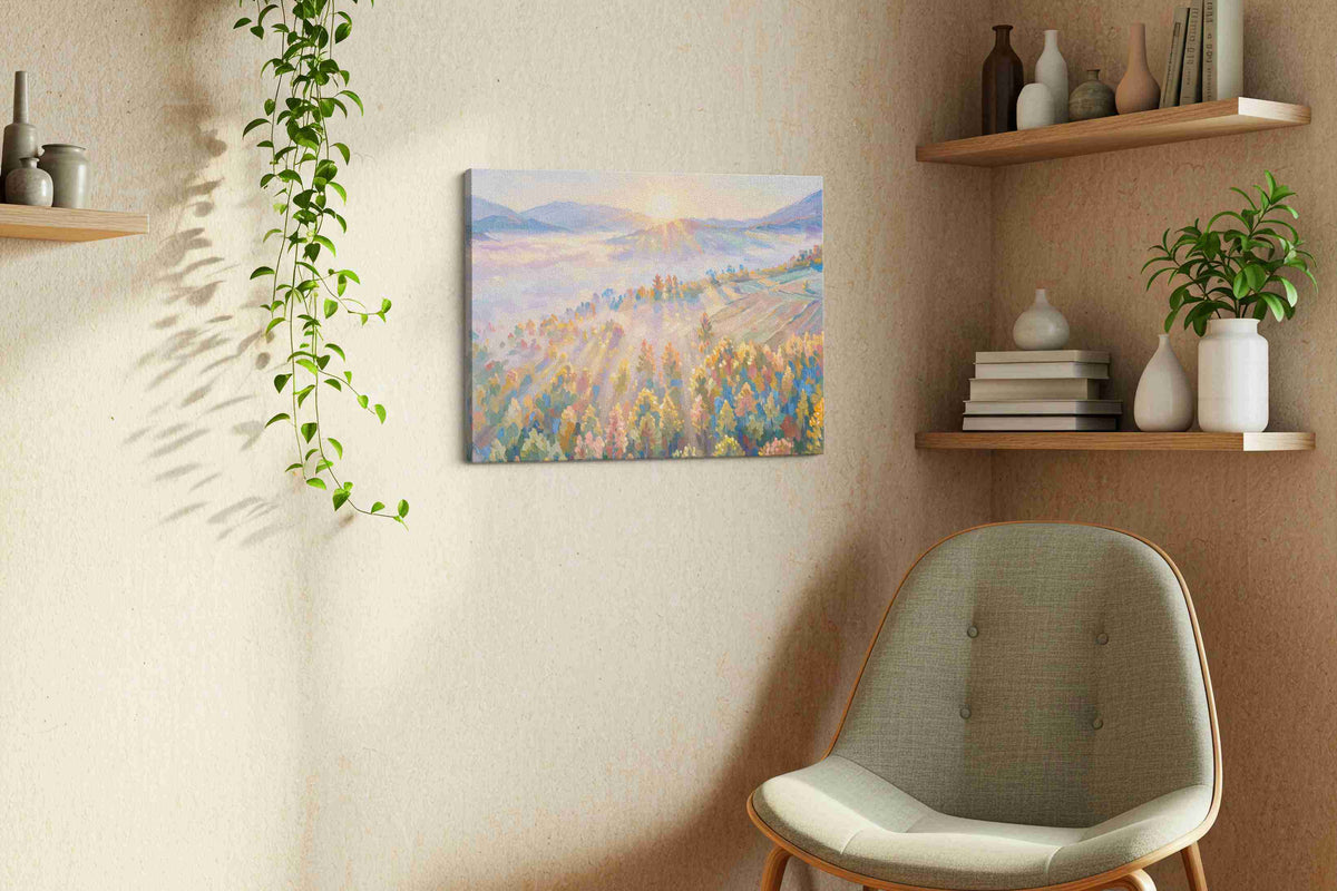 Radiant Morning Symphony nature canvas print styled in a living room