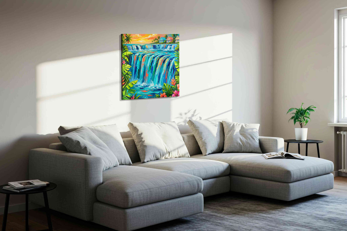 Tropical Cascade Bliss nature canvas print, displayed in a living room