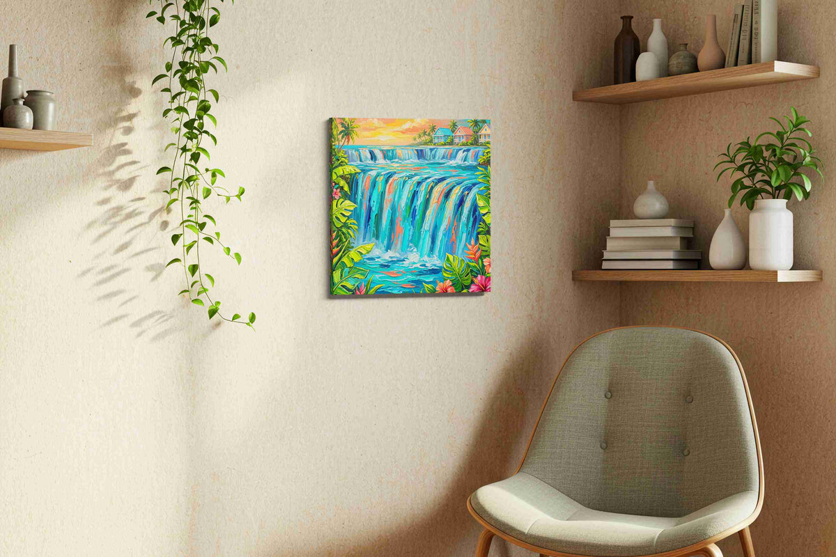 Tropical Cascade Bliss nature canvas print styled in a living room