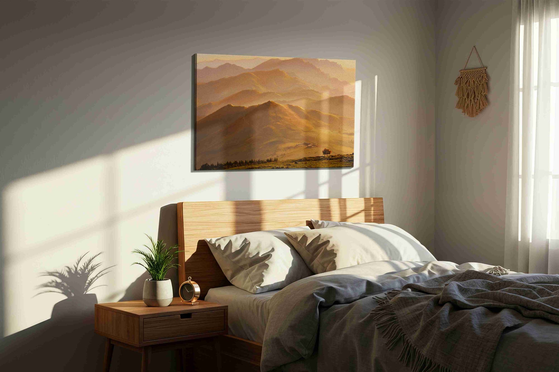 Whispers of the Golden Dawn nature canvas print, displayed in a bedroom