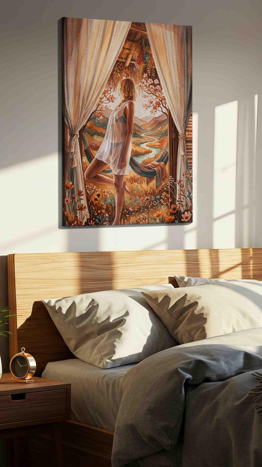 Whisper of the Golden Valley boho canvas print, displayed in a bedroom