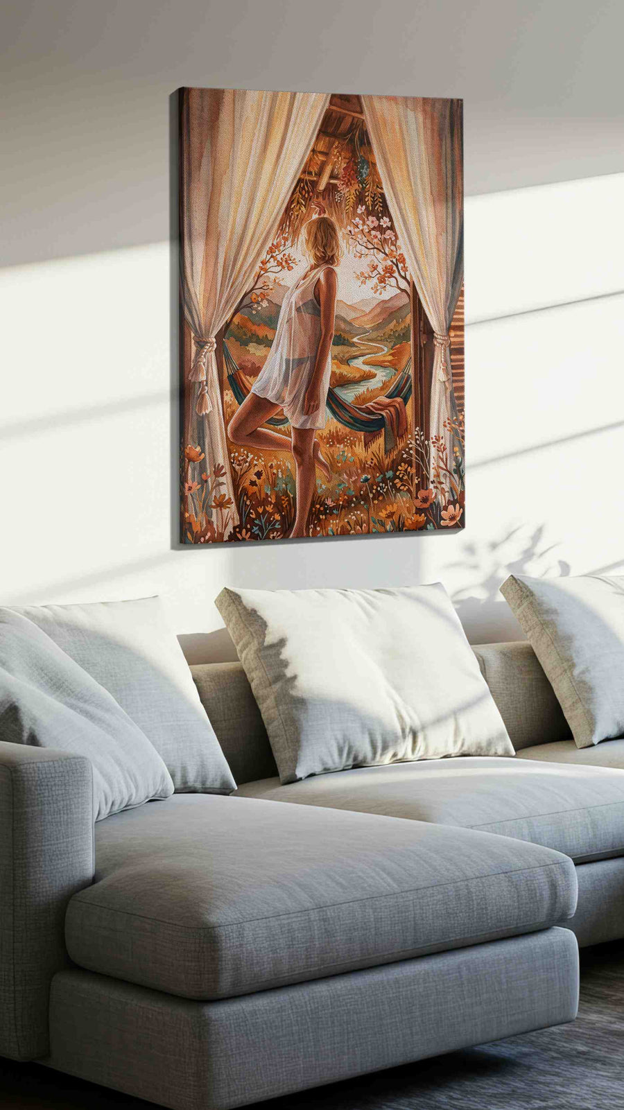 Whisper of the Golden Valley boho canvas print, displayed in a living room