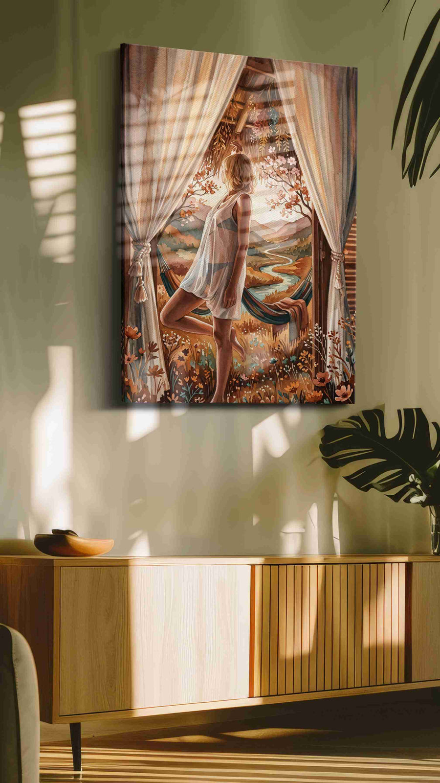Whisper of the Golden Valley boho canvas print, hanging on wall