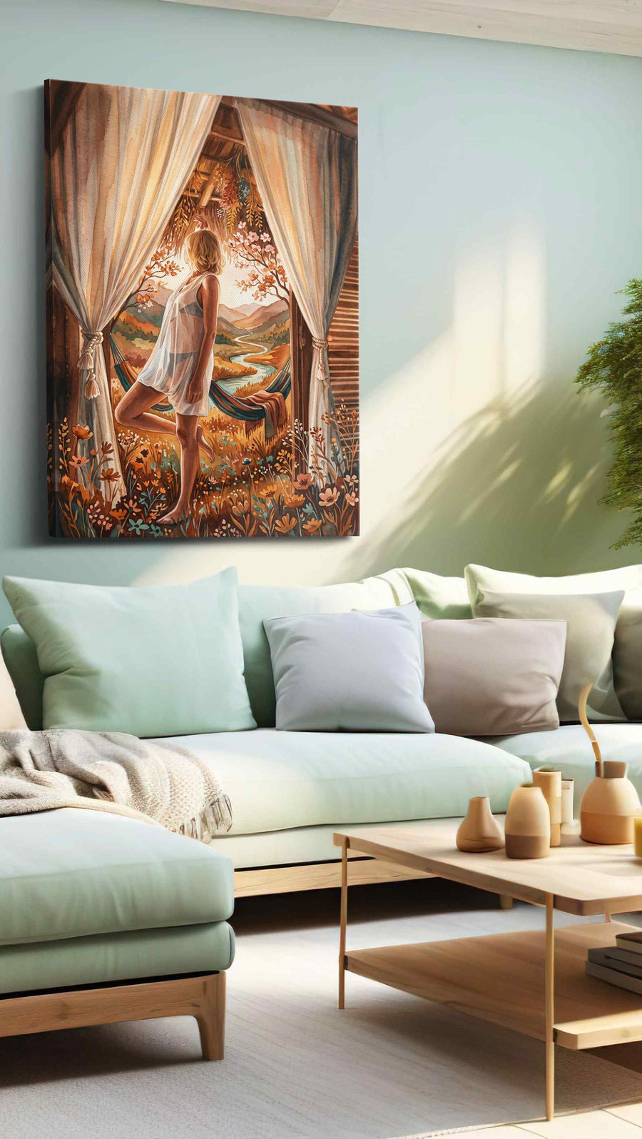 Whisper of the Golden Valley boho canvas print shown in a wall scene