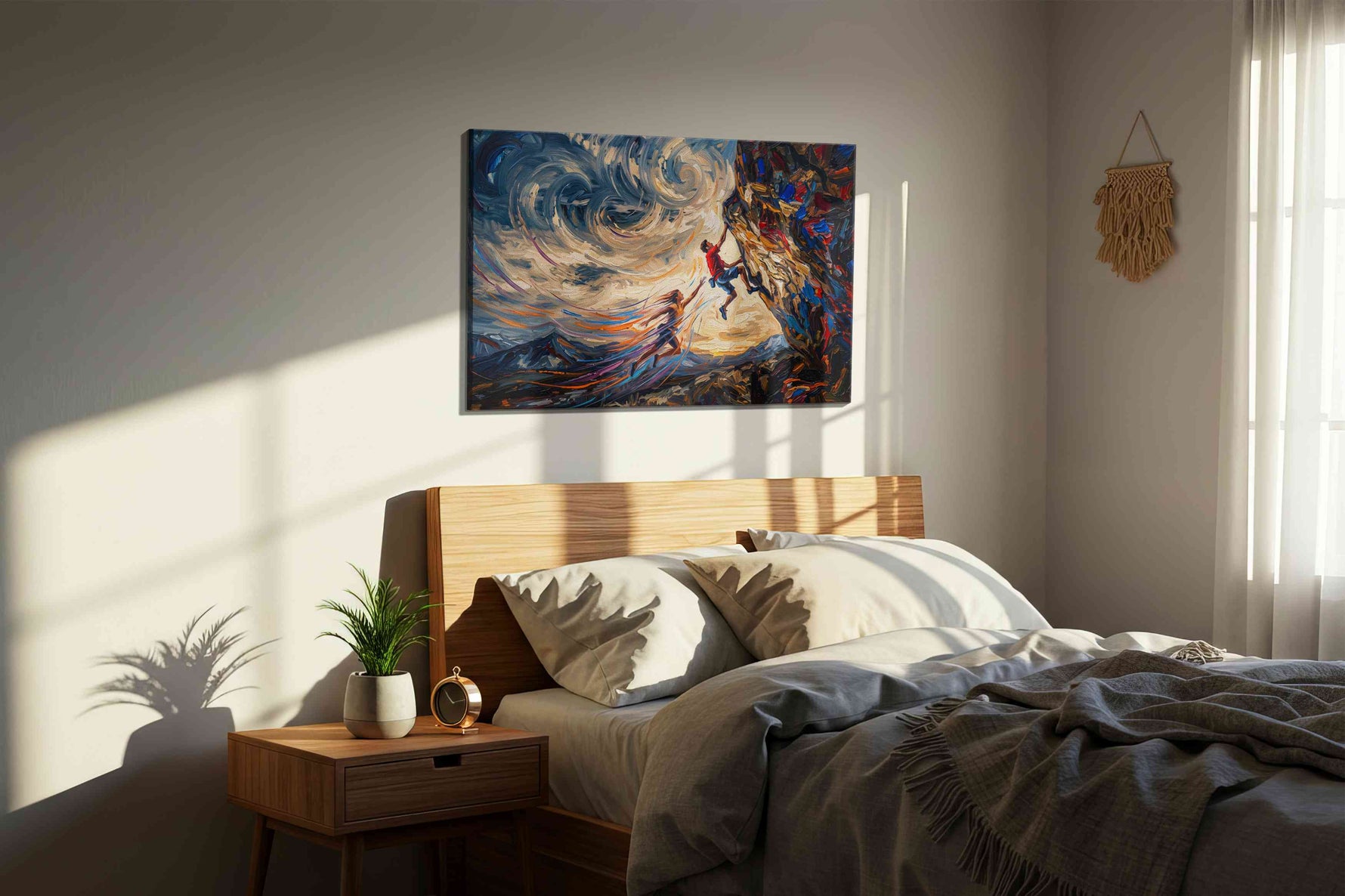 Climbing the Whirlwind sports canvas print, displayed in a bedroom