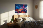 Vibrant Urban Rhythm abstract canvas print, displayed in a bedroom