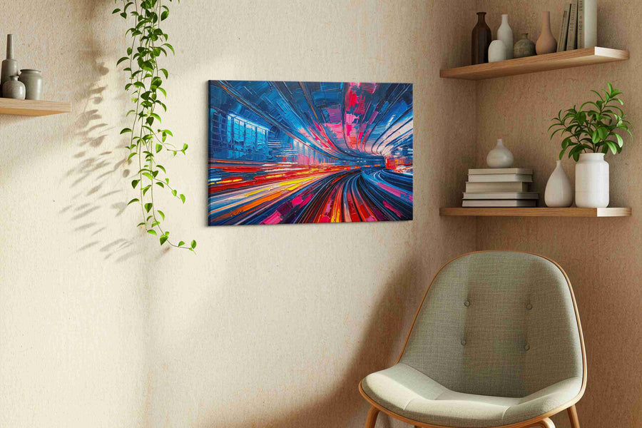Vibrant Urban Rhythm abstract canvas print, displayed in a living room