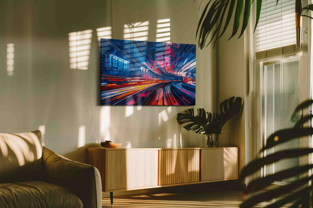 Vibrant Urban Rhythm abstract canvas print in a contemporary interior mockup