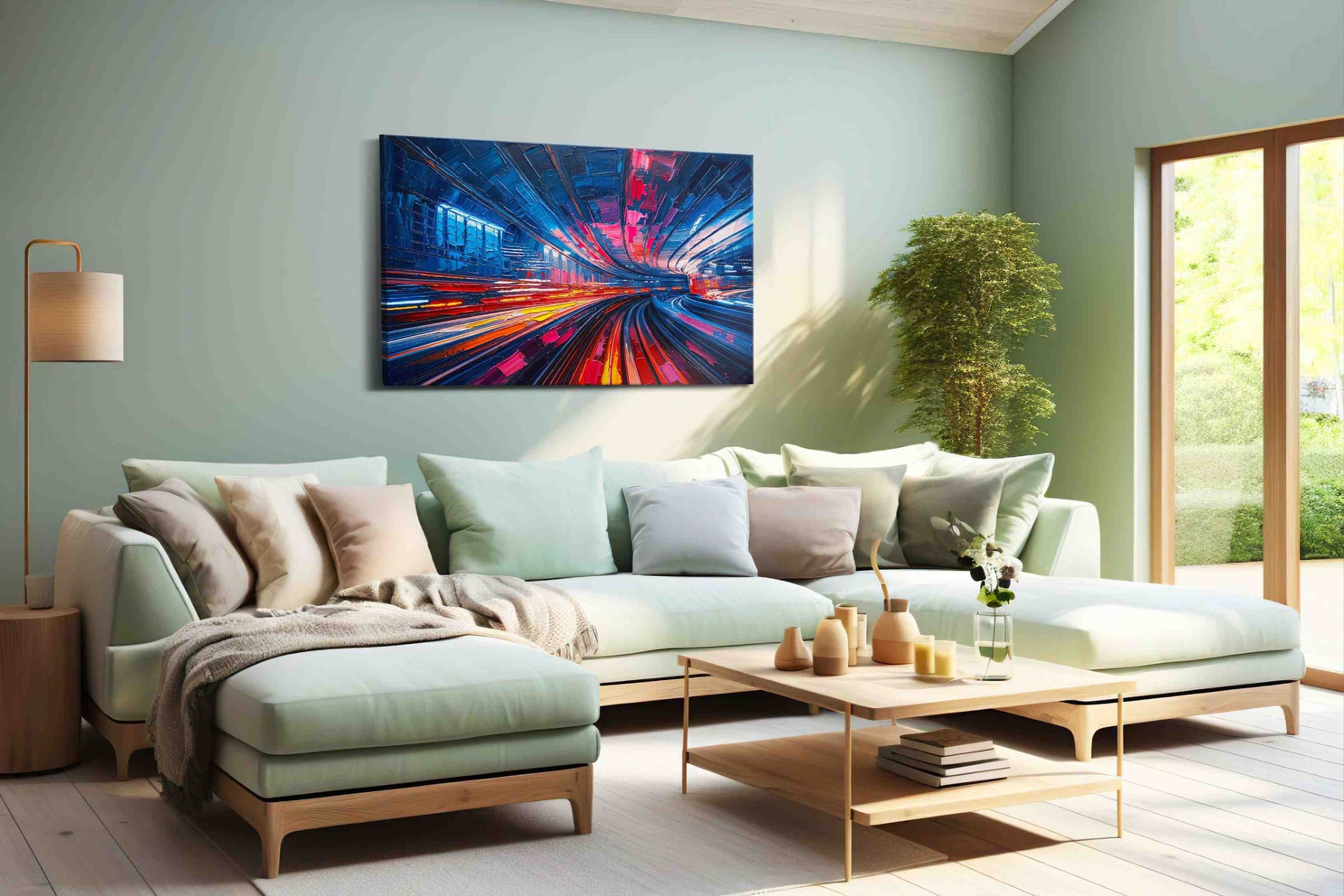 Vibrant Urban Rhythm abstract canvas print, hanging on wall