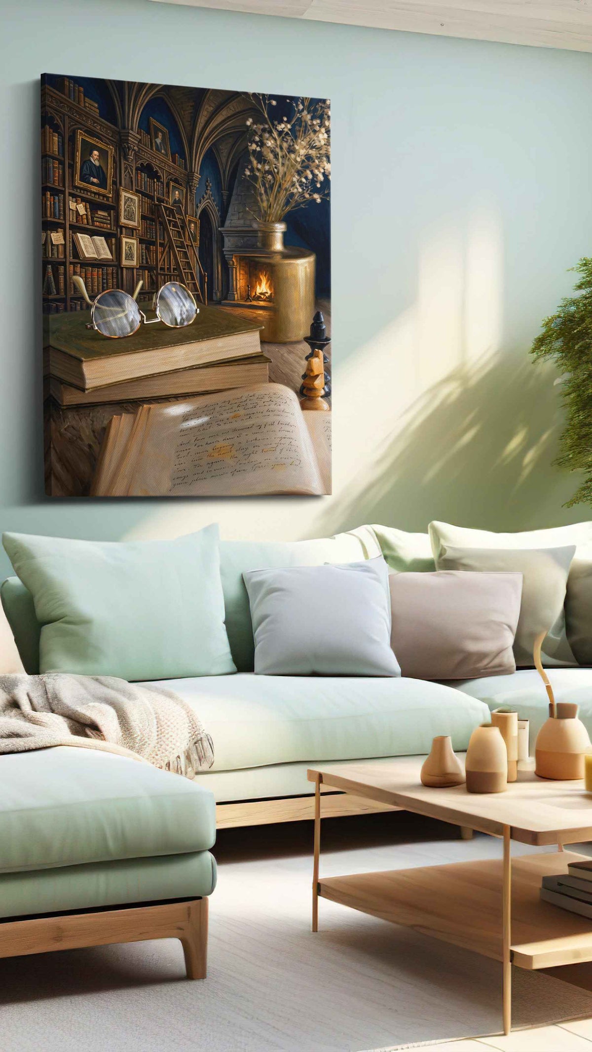 Whispering Pages of History darkacademia canvas print shown in a wall scene
