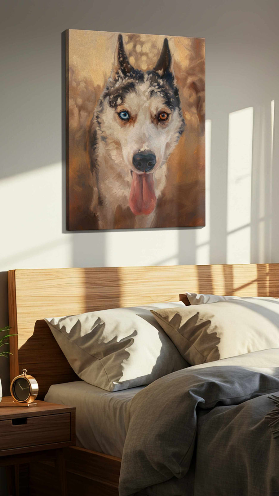 Eternal Gaze of the Arctic wolf canvas print, displayed in a bedroom
