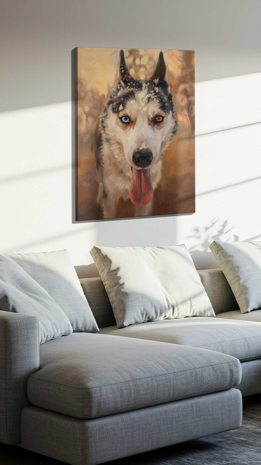 Eternal Gaze of the Arctic wolf canvas print, displayed in a living room