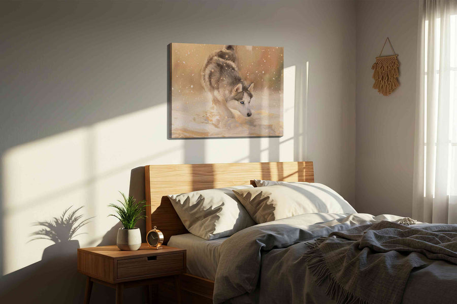 Whispers of Arctic Play dogs canvas print, displayed in a bedroom