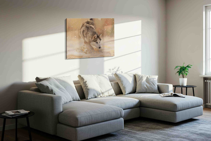 Whispers of Arctic Play dogs canvas print, displayed in a living room