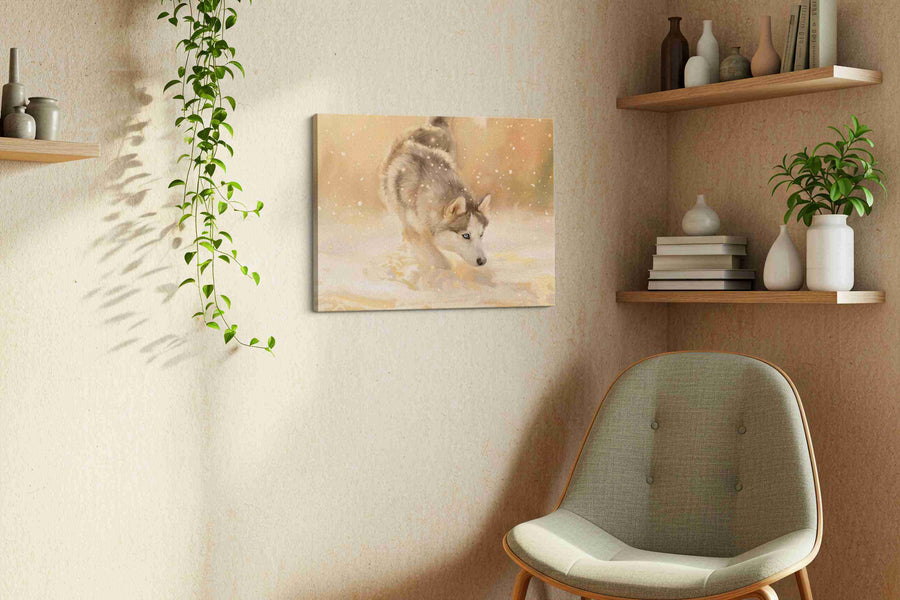 Whispers of Arctic Play dogs canvas print styled in a living room