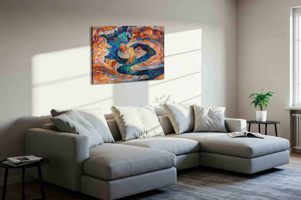 Chromatic Canyon Whirl landscape canvas print in a living room scene