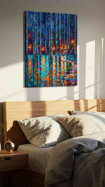 Whispering Reflections abstract canvas print, displayed in a bedroom