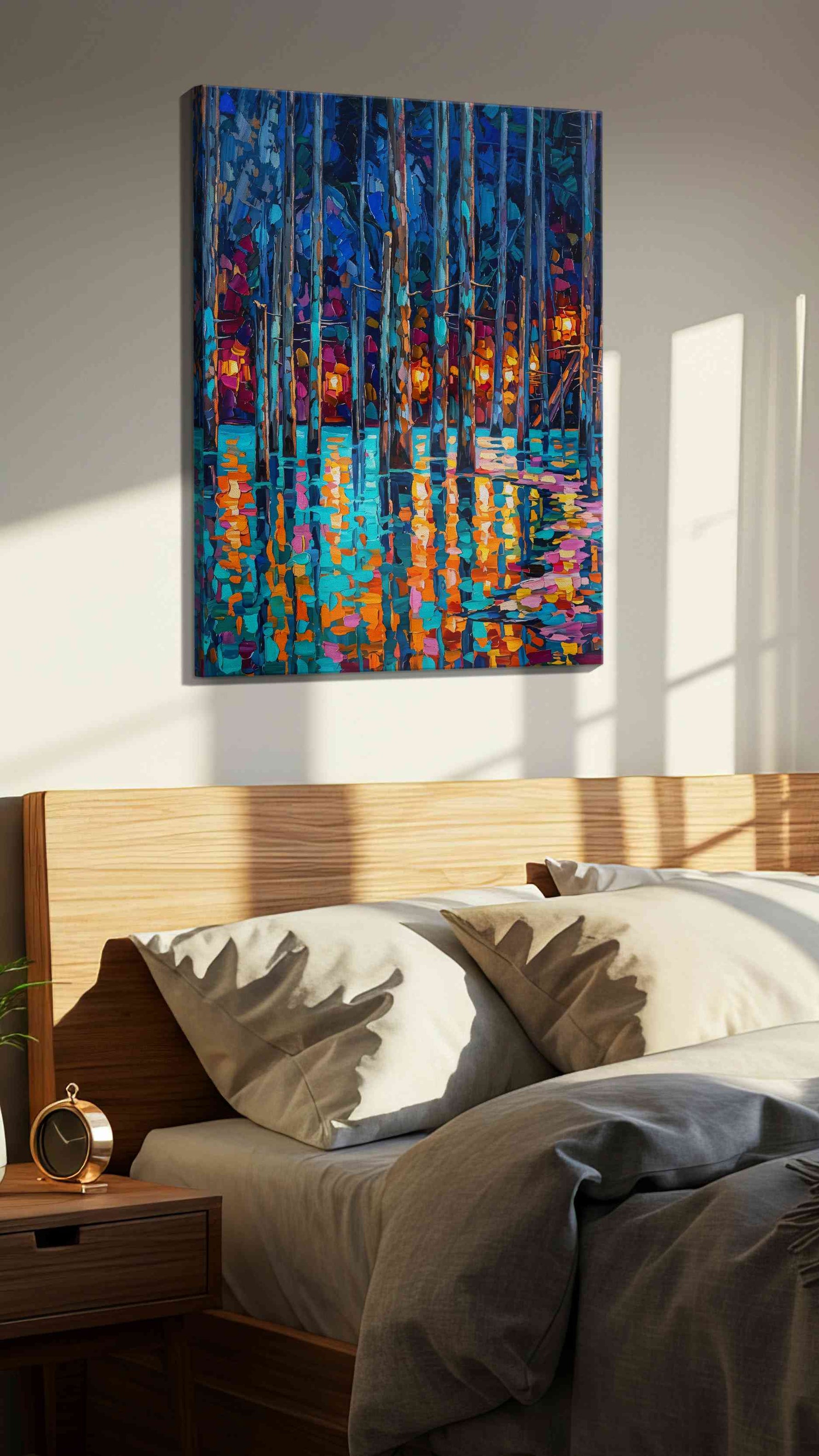 Whispering Reflections abstract canvas print, displayed in a bedroom