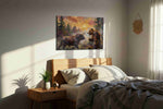 Clash of Titans at Dusk bears canvas print, displayed in a bedroom