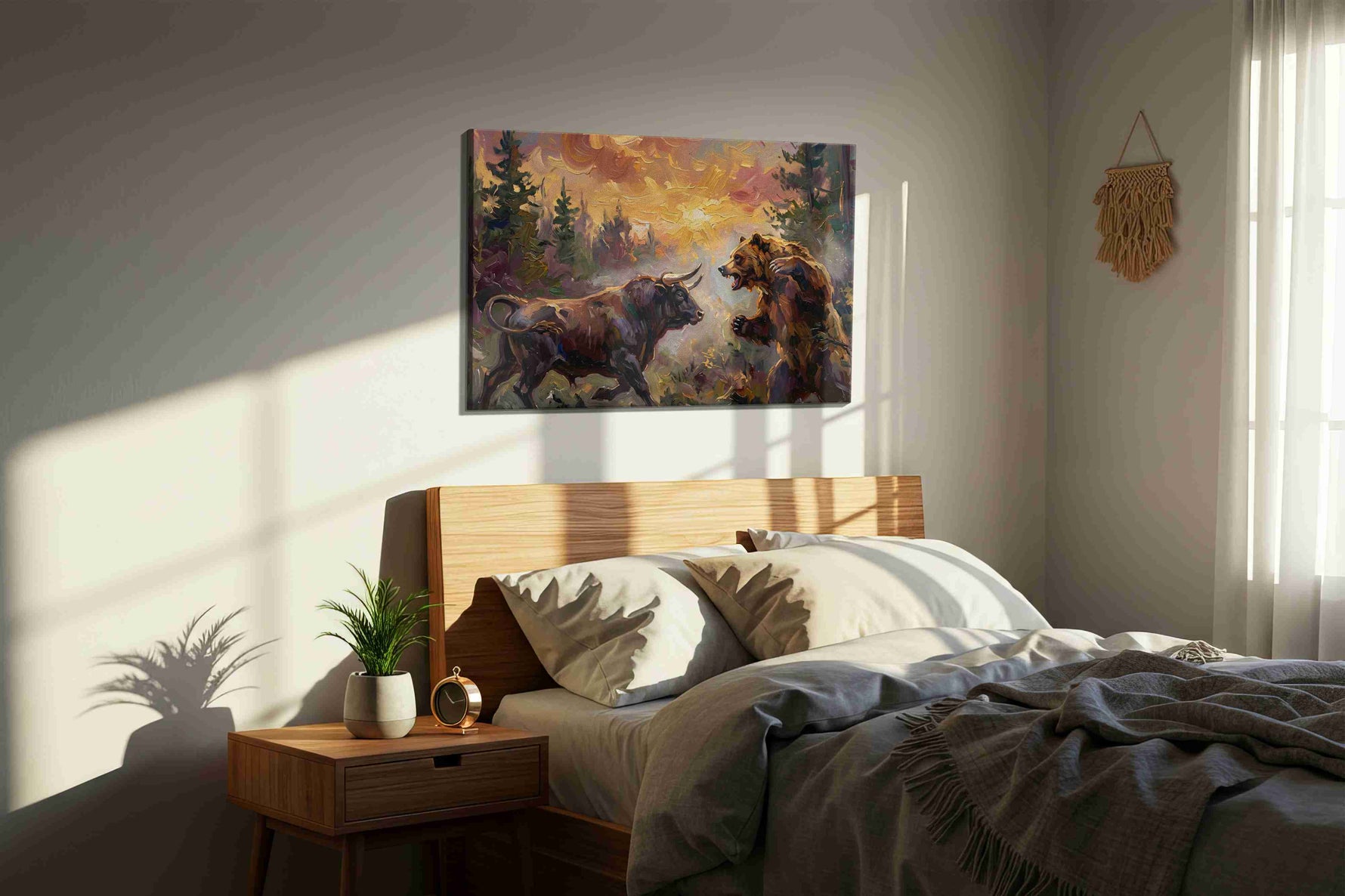 Clash of Titans at Dusk bears canvas print, displayed in a bedroom
