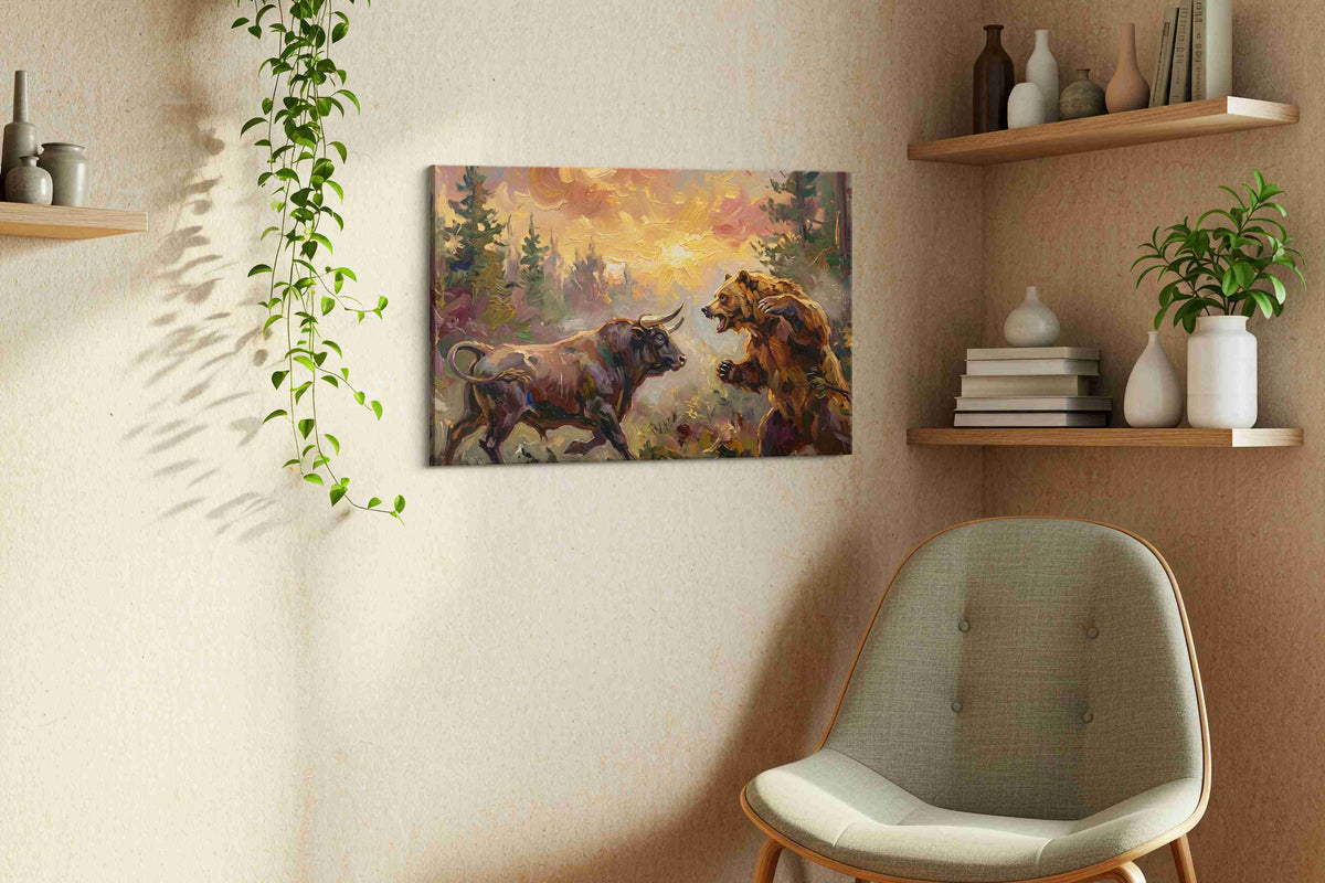 Clash of Titans at Dusk bears canvas print styled in a living room