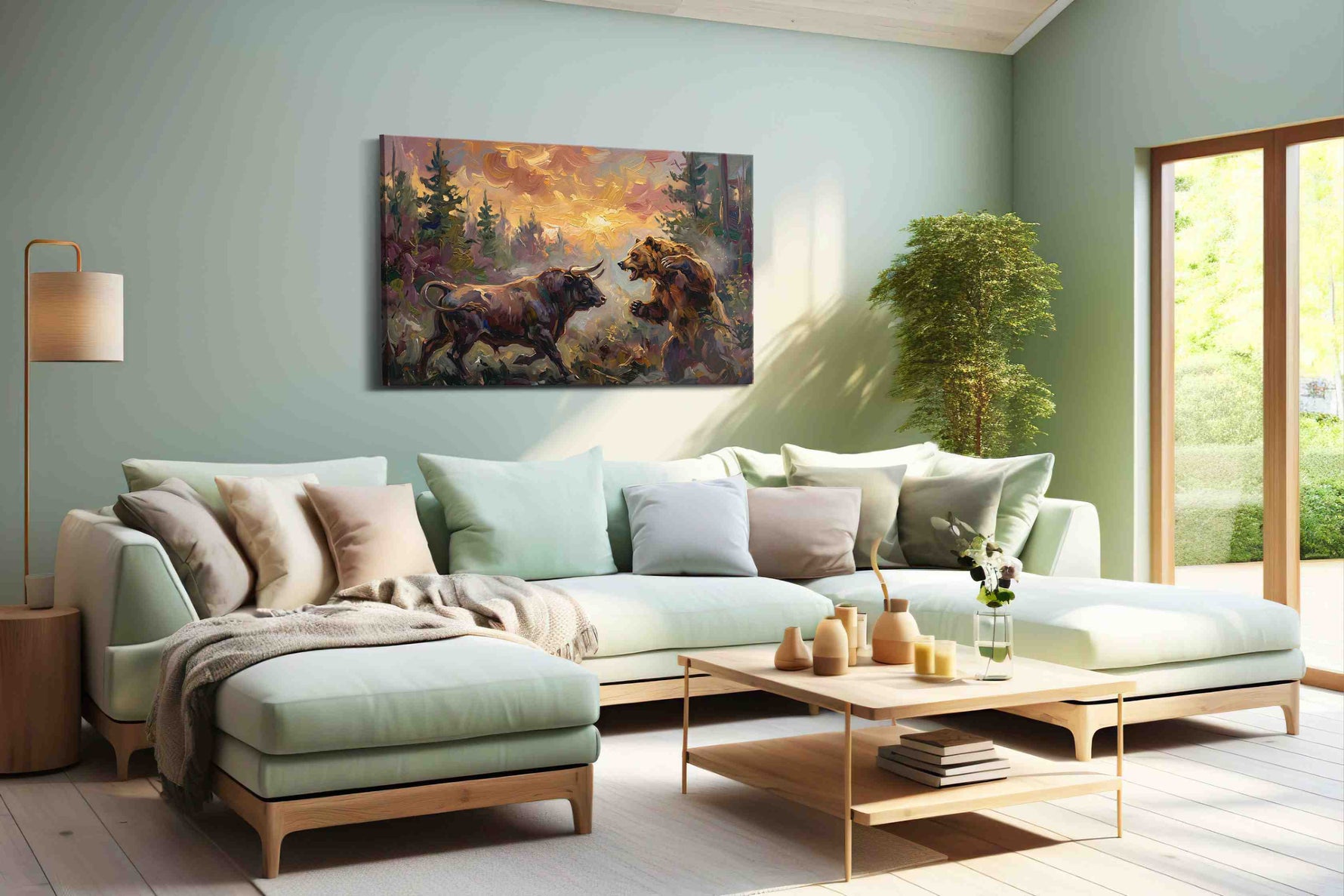 Clash of Titans at Dusk bears canvas print, hanging on wall