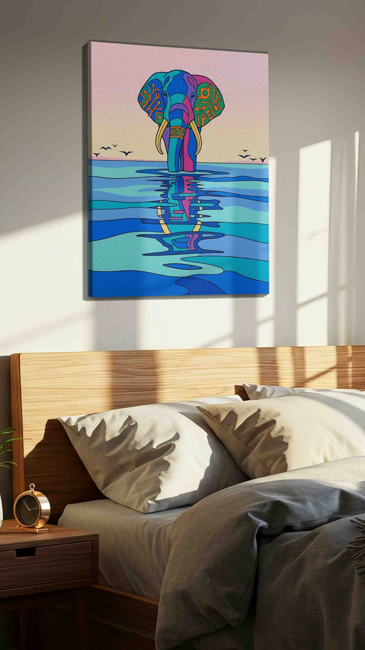 Elephant Echoes at Dusk animals canvas print, displayed in a bedroom