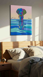 Elephant Echoes at Dusk animals canvas print, displayed in a bedroom