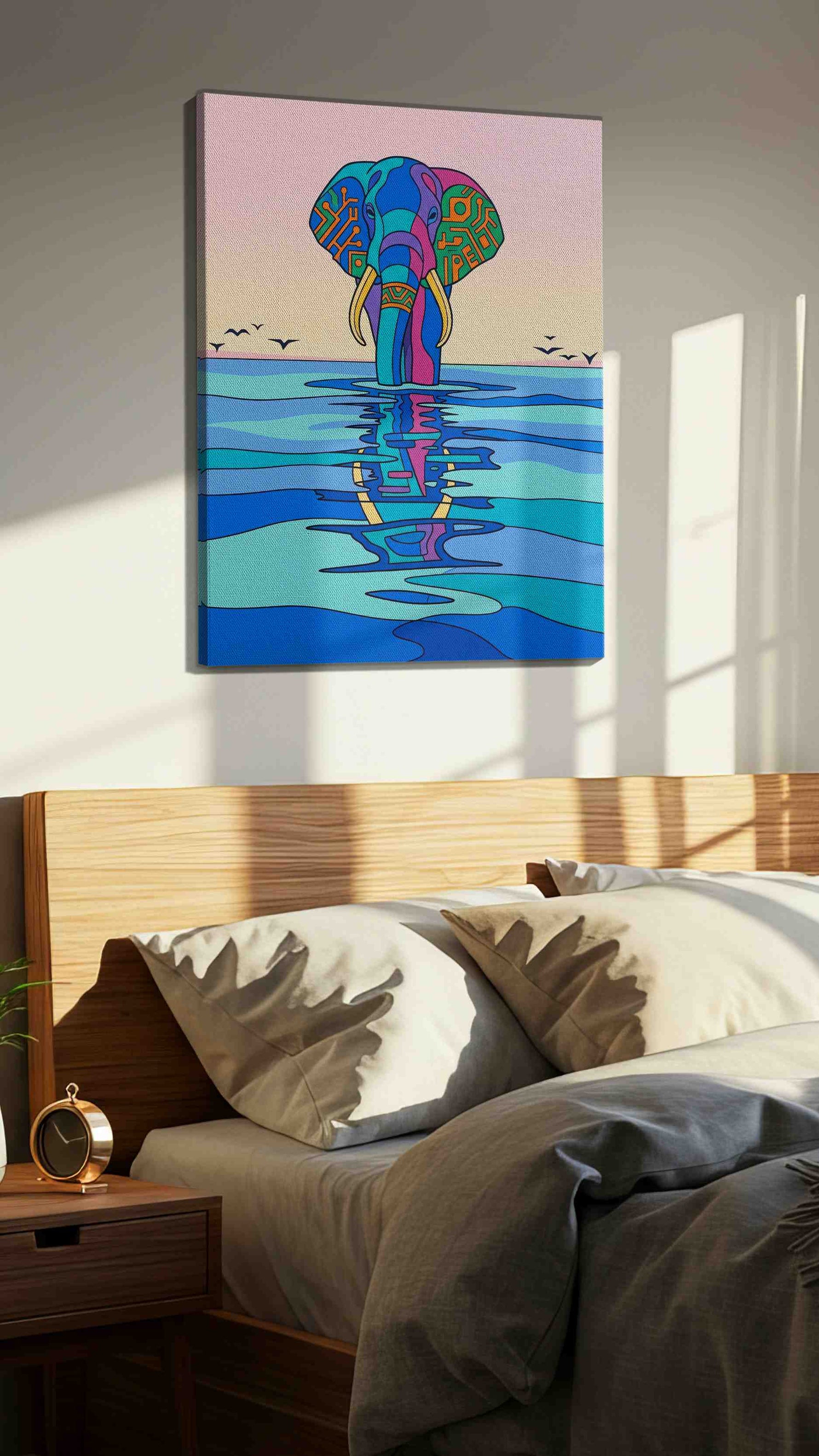 Elephant Echoes at Dusk animals canvas print, displayed in a bedroom